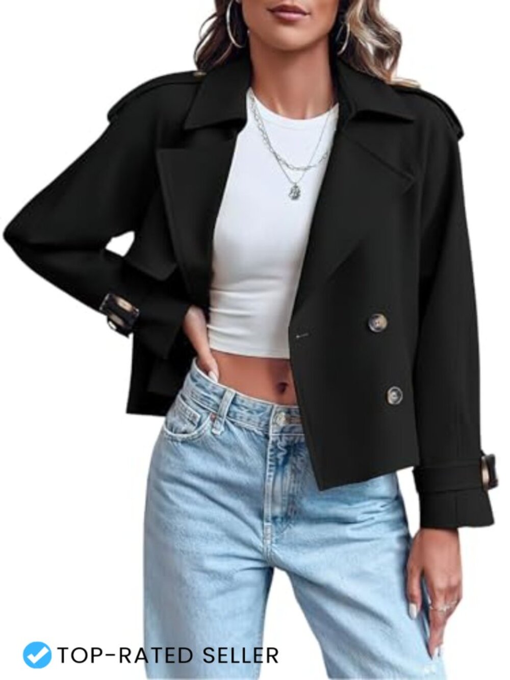 Women's Double Breasted Cropped Trench Coat 100% Polyester Windproof
